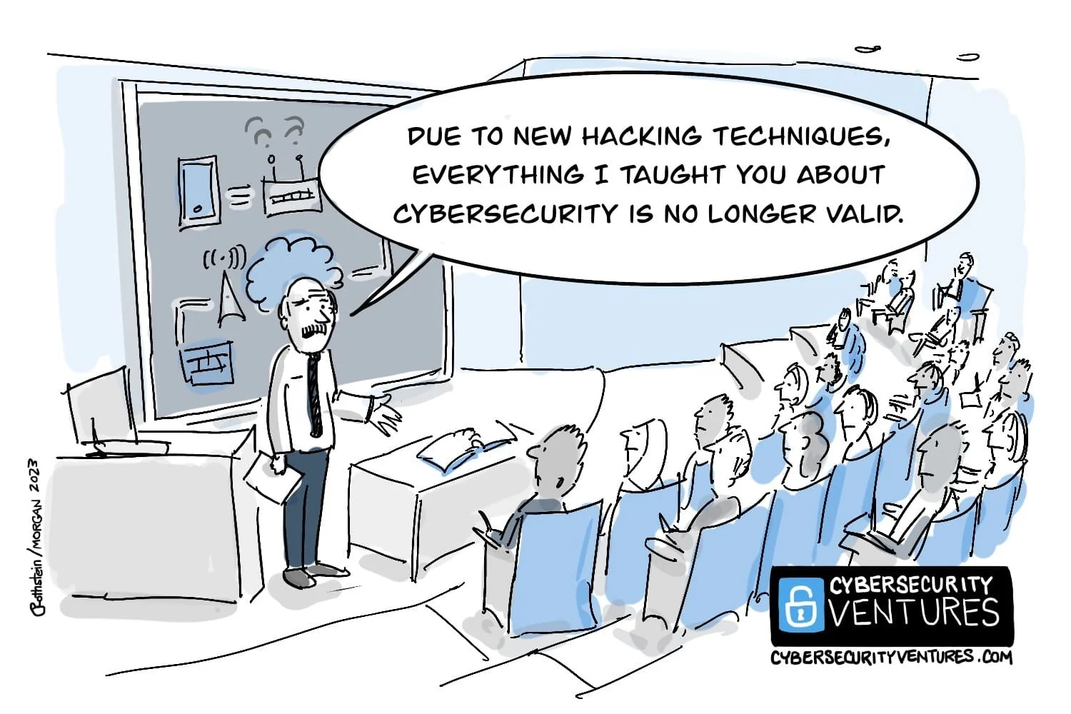 A professor tells his class that new hacking techniques invalidated everything he taught. Cartoon: Cybercrime Magazine (cybersecurityventures.com).