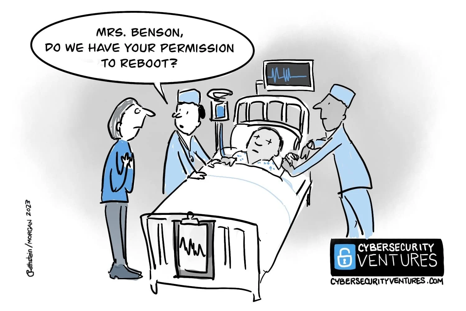 Hospital staff asking a patient's family for permission to reboot him. Cartoon: Cybercrime Magazine (cybersecurityventures.com).