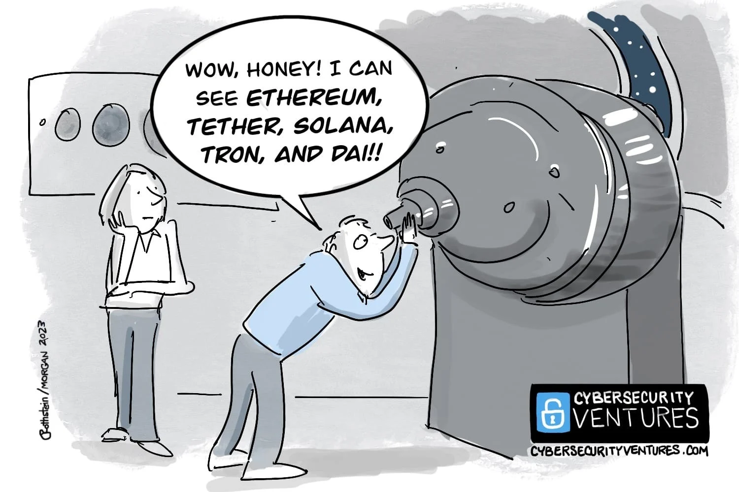 A man spotting cryptocurrencies through a giant rooftop telescope. Cartoon: Cybercrime Magazine (cybersecurityventures.com).