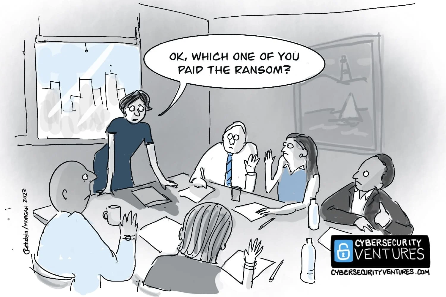 A meeting where someone asks which attendee paid the ransom. Cartoon: Cybercrime Magazine (cybersecurityventures.com).