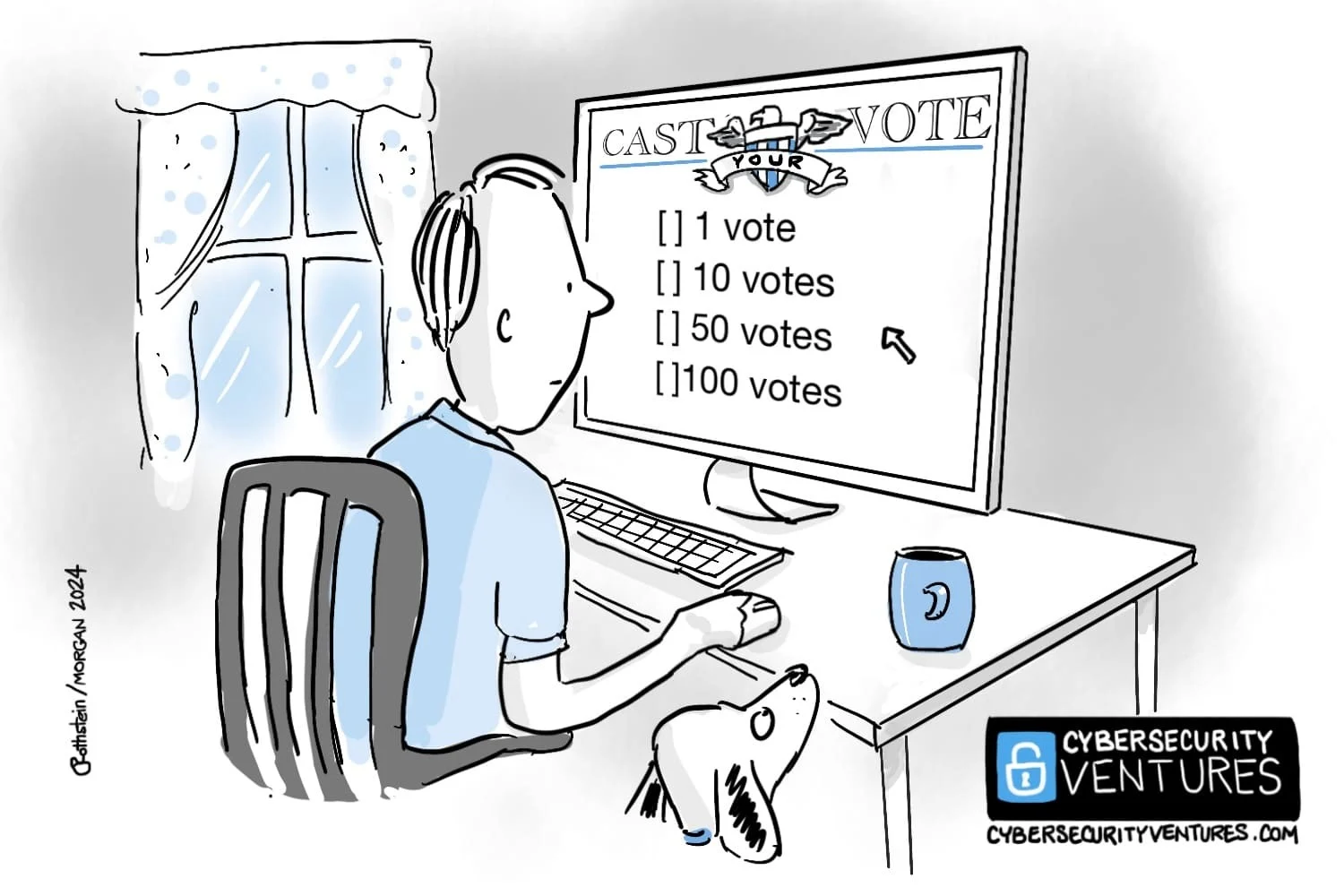 A voter facing a 'CAST YOUR VOTE' screen offering 1, 10, 50 or 100 votes. Cartoon: Cybercrime Magazine (cybersecurityventures.com).