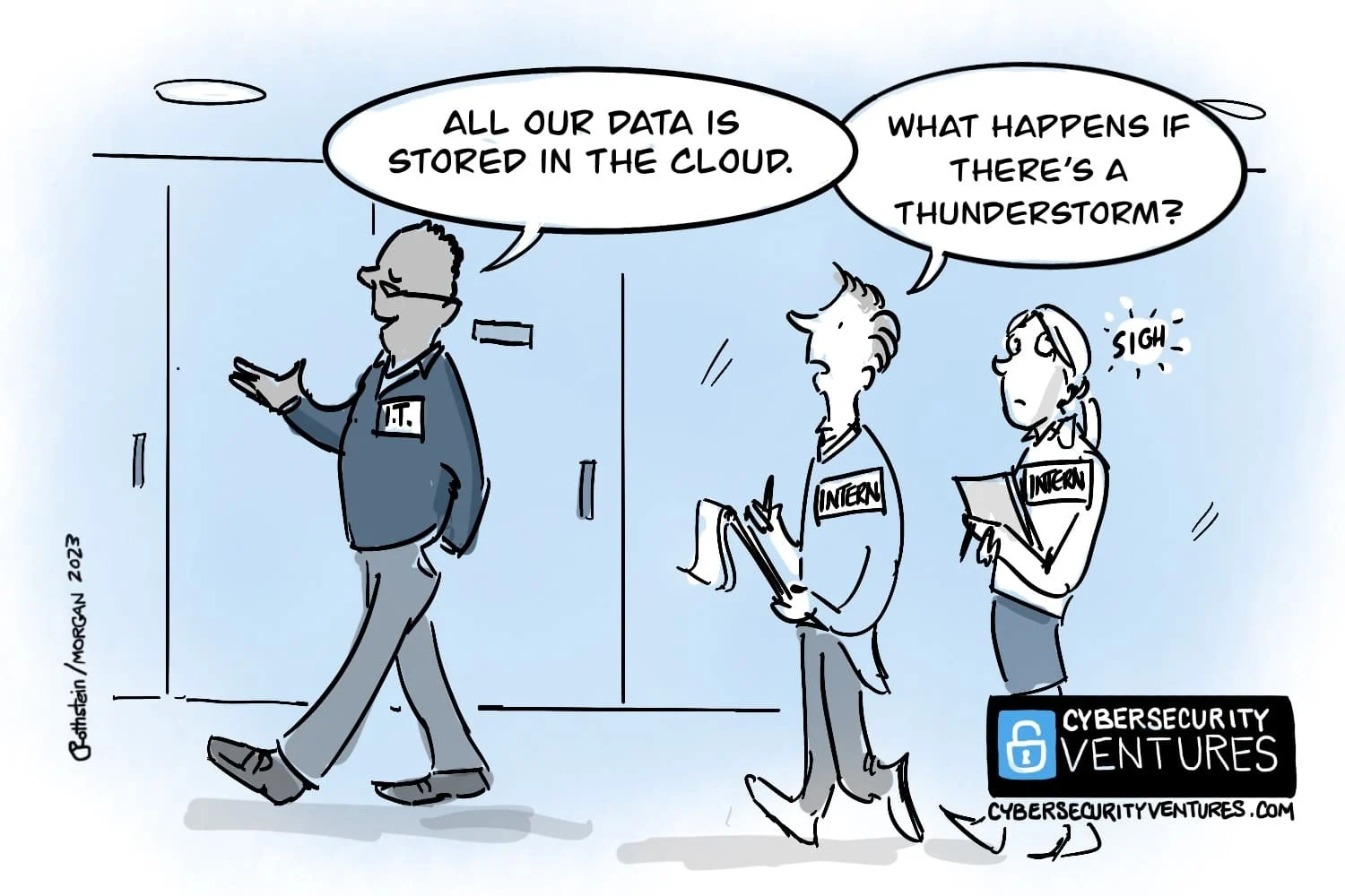 A guide assuring visitors all data is in the cloud while one asks about thunderstorms. Cartoon: Cybercrime Magazine (cybersecurityventures.com).