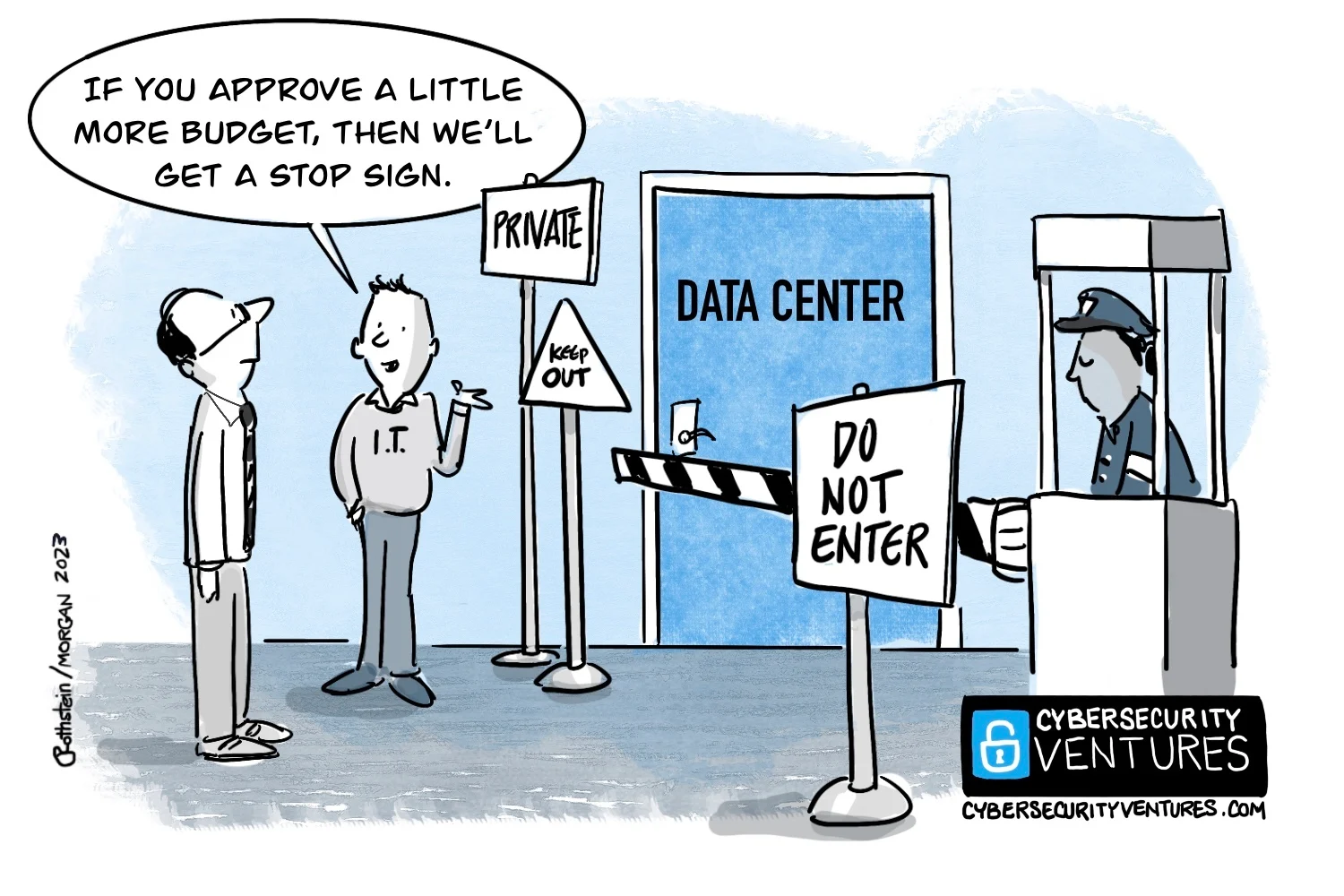 An IT worker tells his boss outside a guarded DATA CENTER door: if you approve a little more budget, then we will get a stop sign. Cartoon: Cybercrime Magazine (cybersecurityventures.com).