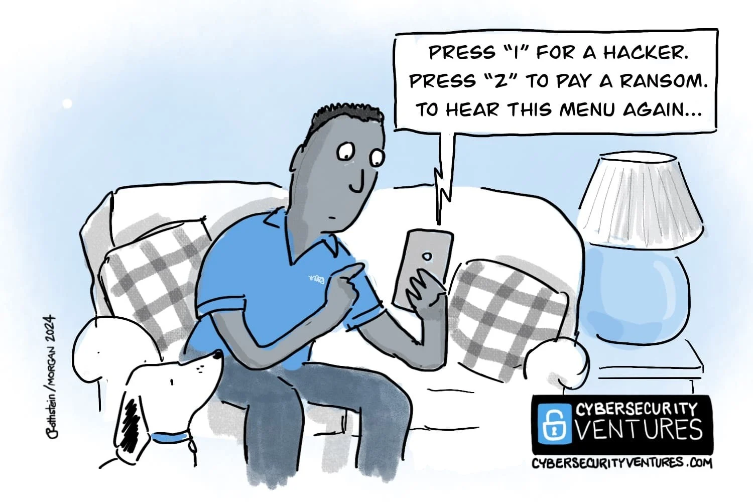 Press-themed cartoon about getting a hacker's story into print. Cartoon: Cybercrime Magazine (cybersecurityventures.com).