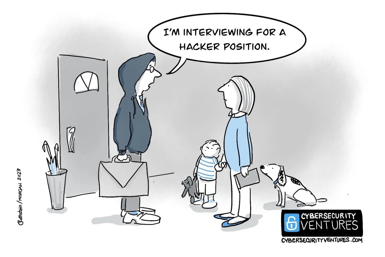 A hooded job-seeker with a briefcase tells a family at their front door he is interviewing for a hacker position. Cartoon: Cybercrime Magazine (cybersecurityventures.com).